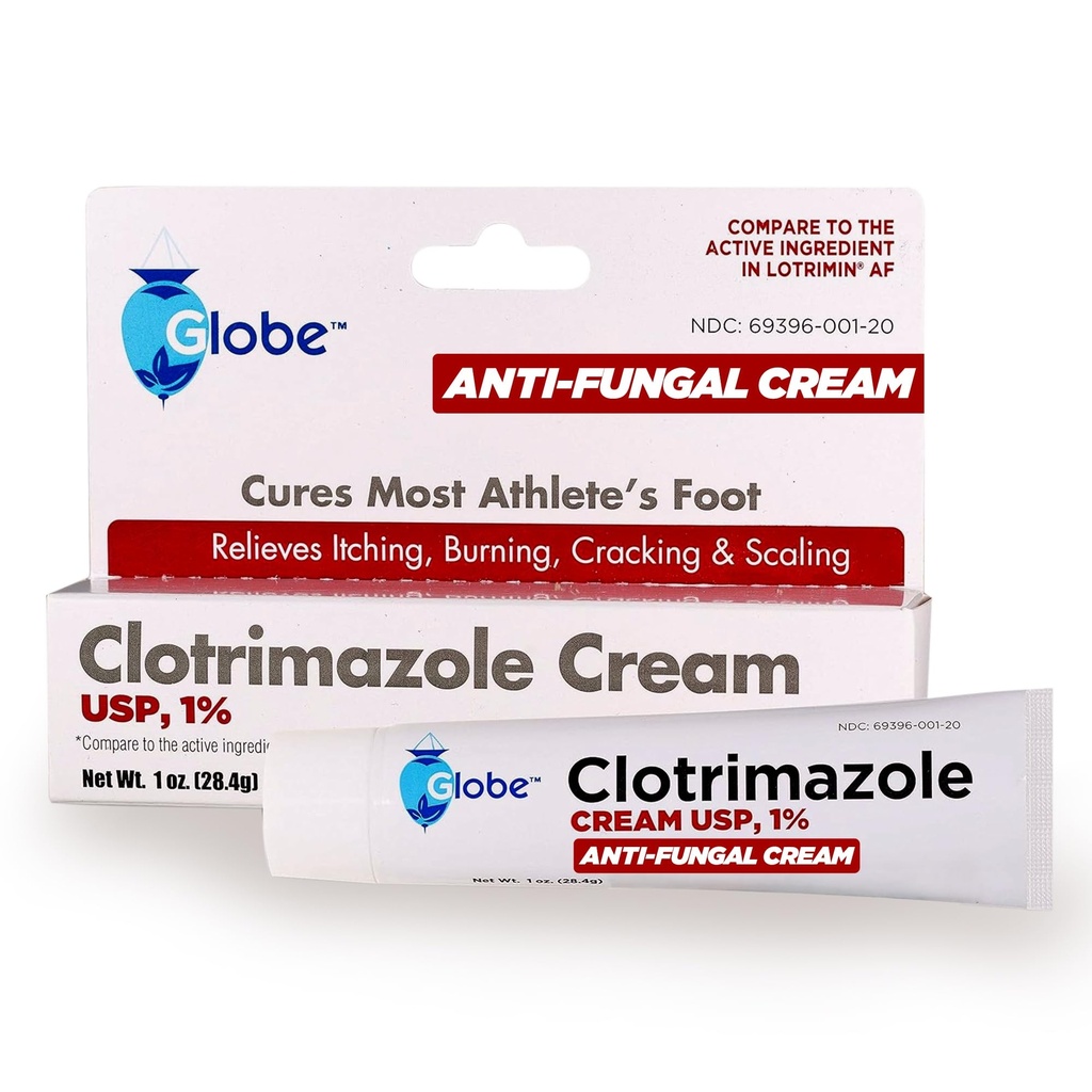 Globe Clotrimazol Antiglivična krema 1% USP (1 oz), Proti glivičnem zdravljenju, Olajša srbenje, kurjenje, razpokanje in raztresanje povezana stopala, Jock Srbečica, Ring črvi in več