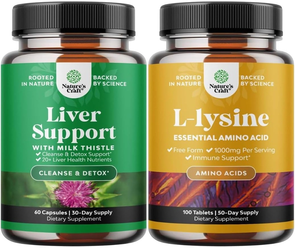 Sklop mleka Thistle Jetrna podpora dodatek in L Lysine 1000mg Prehranske dopolnila - Zeliščna jetra dodatek s Silymarin Milk Thistle - L-lizin Essential Aminokisline dodatek