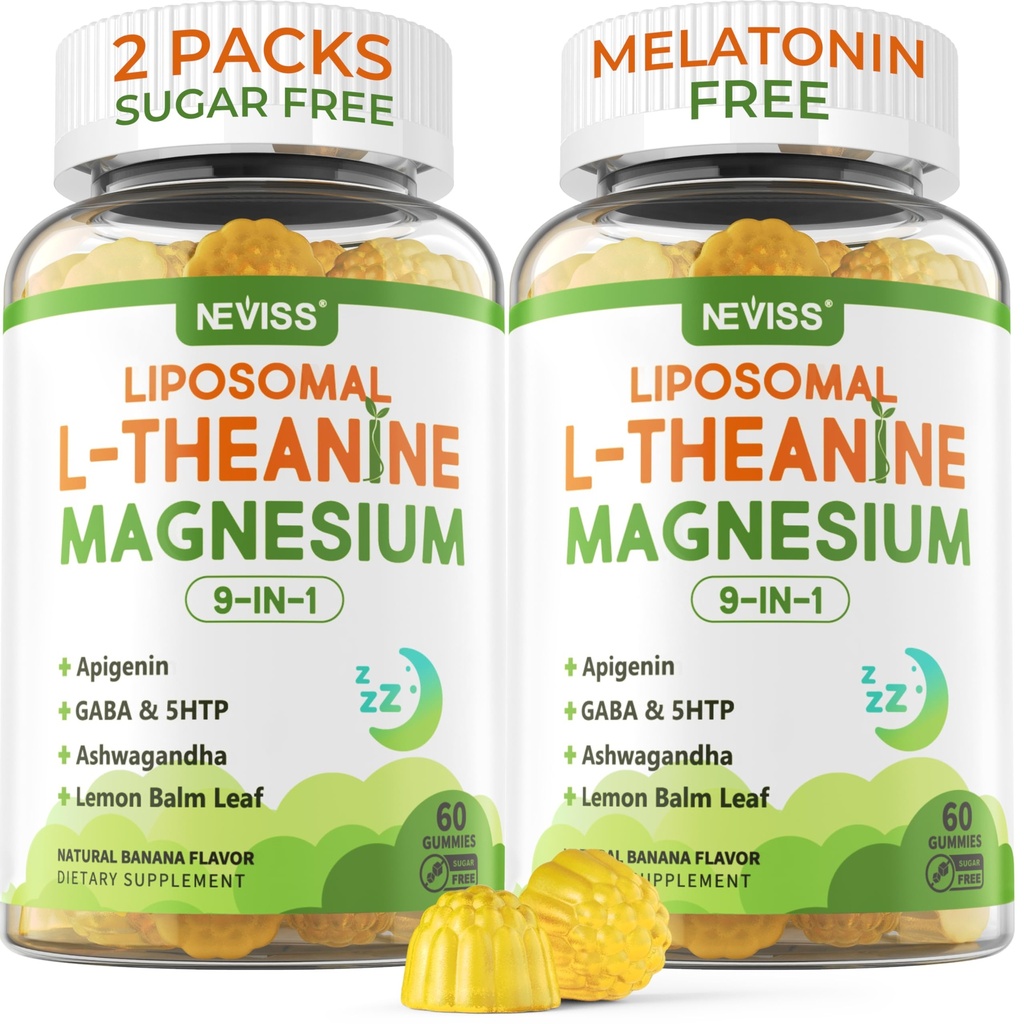 Liposomski L-teanin 200mg Magnezij Glicinat 400mg Gumiji z GABA, 5HTP, Apigenin, Vitamin B6 & D3, Ashwagandha, Leaf limone Balm, Melatonin Prosti spanec Žvečilni za sprostitev Mood & mišice, 2 pakiranja