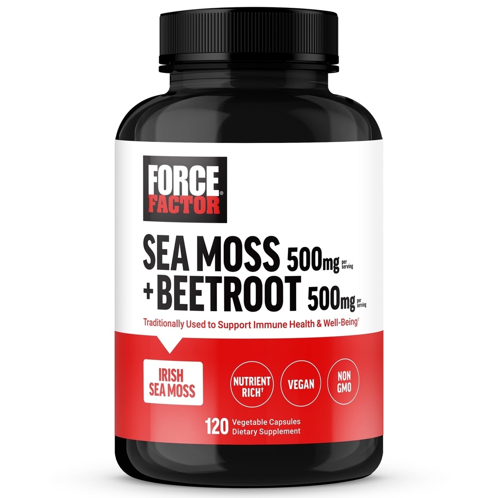 FORCE FACTOR Irish Sea Moss + Beet Root dodatek za podporo imunitete, kroženje, naravna energija, zdravje srca, z antioksidanti, Non-GMO, Vegan-prijazno, Soy-free, 120 Zelenjavne kapsule