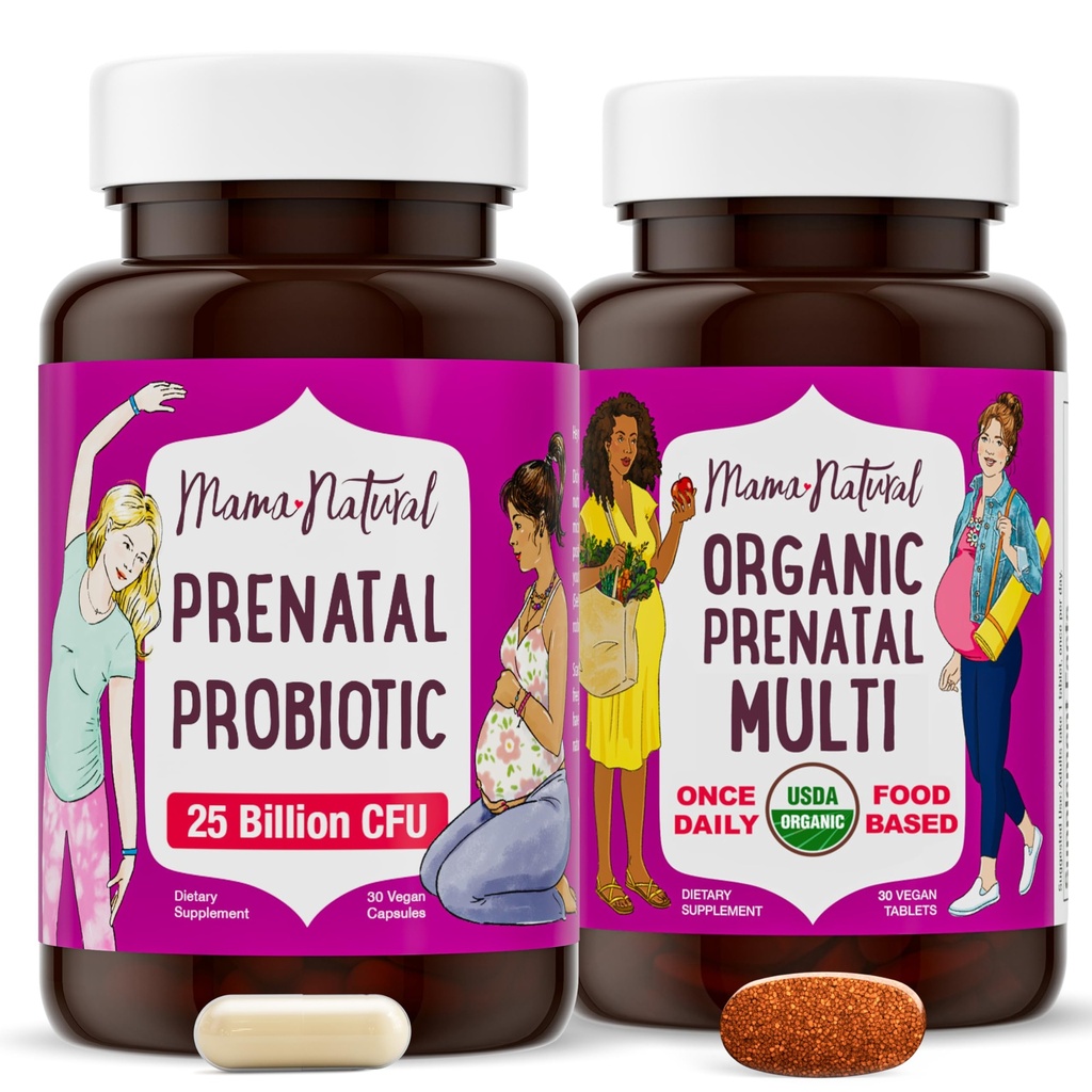 Mama Natural Prenatal Bundle – Ekološki prenatalni vitamini za ženske + ciljni probiotiki za nosečnost in poporodni Wellness - Samo 2 tablet na dan - Vegan & Non-GMO (30 dnevna oskrba)