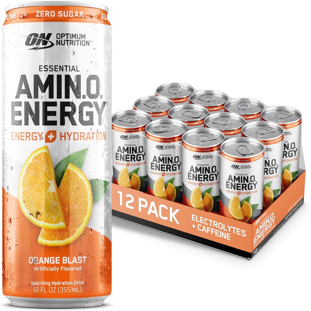 Optimum Nutrition Amino Energy Sparkling Hydration Drink, Elektroliti, Kofein, Aminokisline, BCAA, Brez sladkorja, Orange Blast, 12 Fl Oz, 12 Pack (Packaging May Vary)