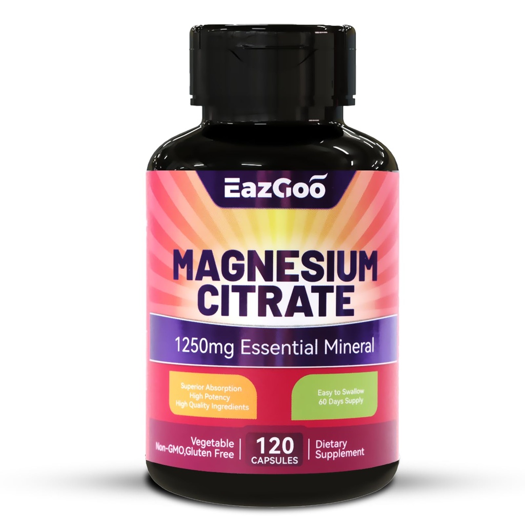 Magnezijev citrat Kapsule 1250 mg, visoka absorpcija Magnezijev citrat dodatek z elementarnim magnezijem, ekstra moč Magnezij dodatek, Ne-GMO, Gluten-free, 120 Zelenjavne kapsule