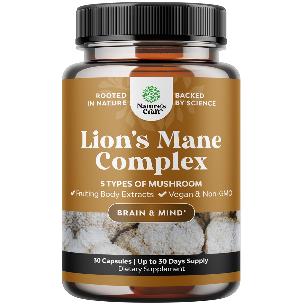 Advanced Lion's Mane Gobe dodatek - Lions Mane dopolnilne kapsule z Reishi, Chaga, Maitake & Shiitake za spomin na zdravje možganov in fokus - Nootropic za mentalno jasnost - 30 Caps
