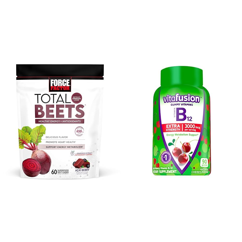 Sila Factor Total Beets Chews with Beetroot & Grapeseed Extract Plus Vitafusion B12 Gummies, 90 Count Cherry Flavor