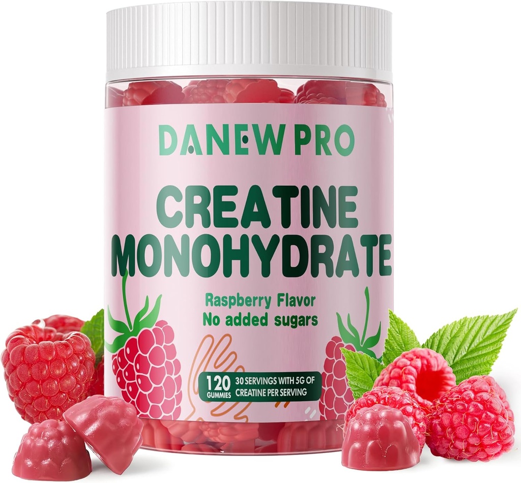 Kreatin monohidrat Gumiji za moške in ženske 5g kreatin monohidrat na strežbo - brez sladkorja,Vegan, Raspberry Flavor, 120 Count