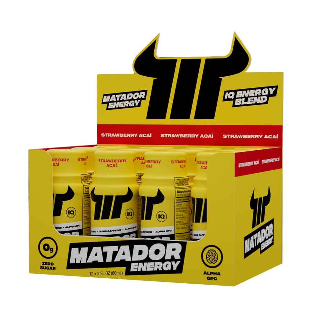 MATADOR Energija Ekstra moč Mini energijski napitki w/B kompleksni vitamini (vitamin B12-B9-B6-B3), Alpha GPC Nootropic IQ Energy, Coffee Bean Extract Caffeine Shots, 24 Energy Drink Jagoda Acai