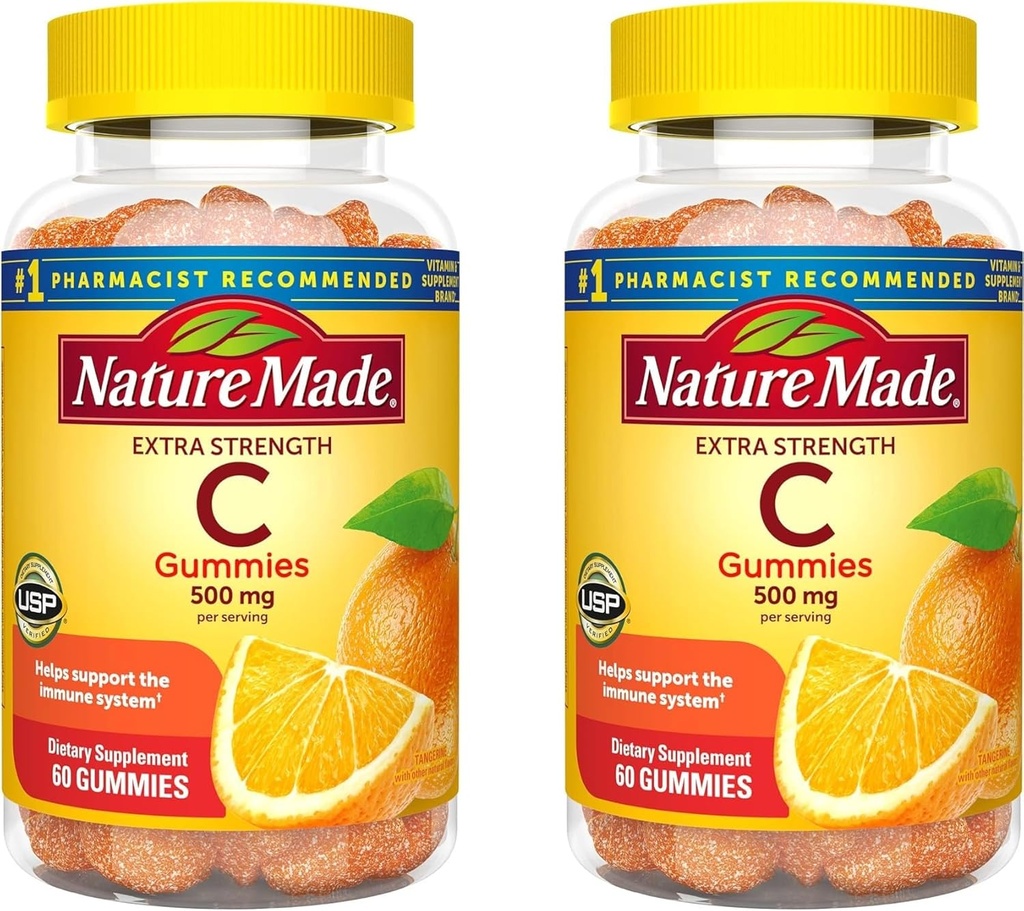 Narava Made Extra Strength odmerek vitamin C 500 mg na obrok, prehranska dopolnila za imuno podporo, 60 Gummies, 30 dnevna zaloga (paket z 2)