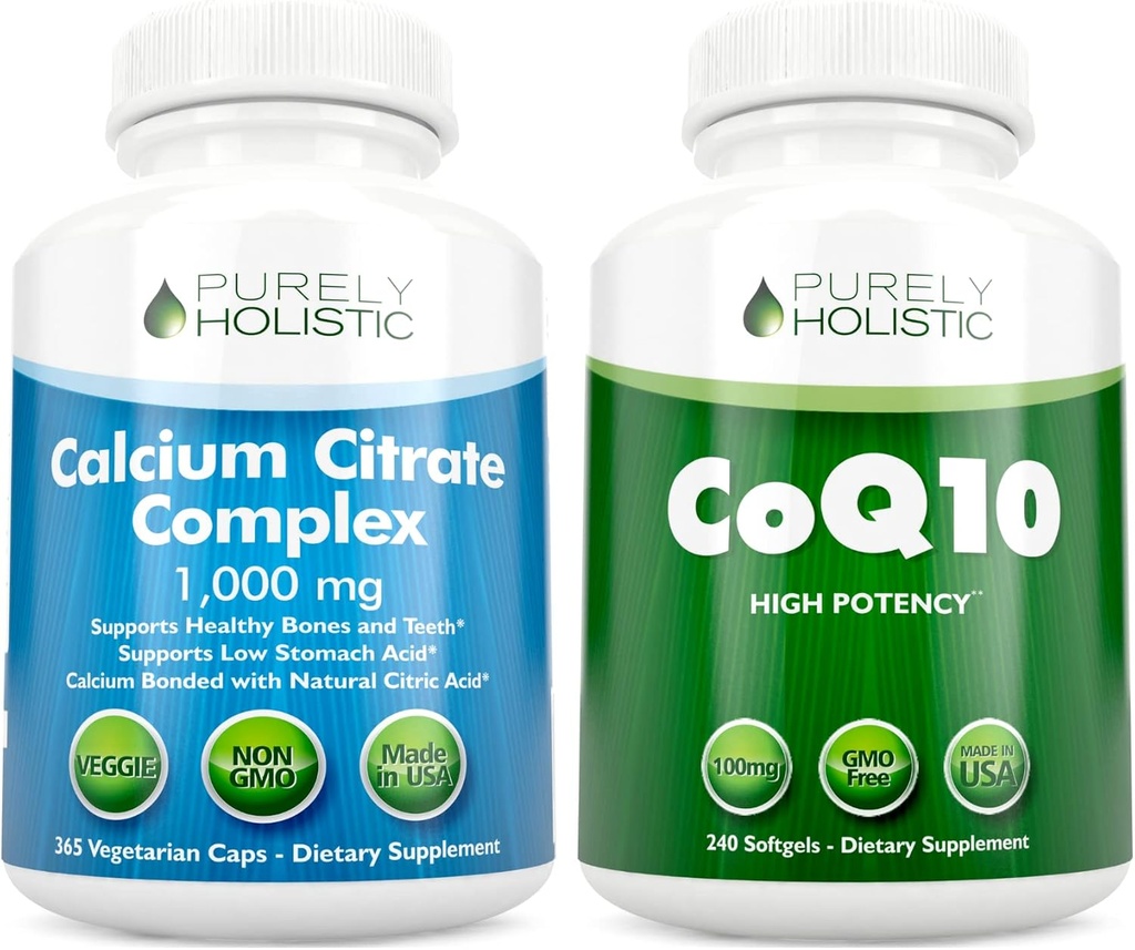 Kalcijev citrat kompleks 1000mg + CoQ10 100mg - 365 veganskih kapsul + 240 softgels paket - brez vitamina D - izdelan v ZDA