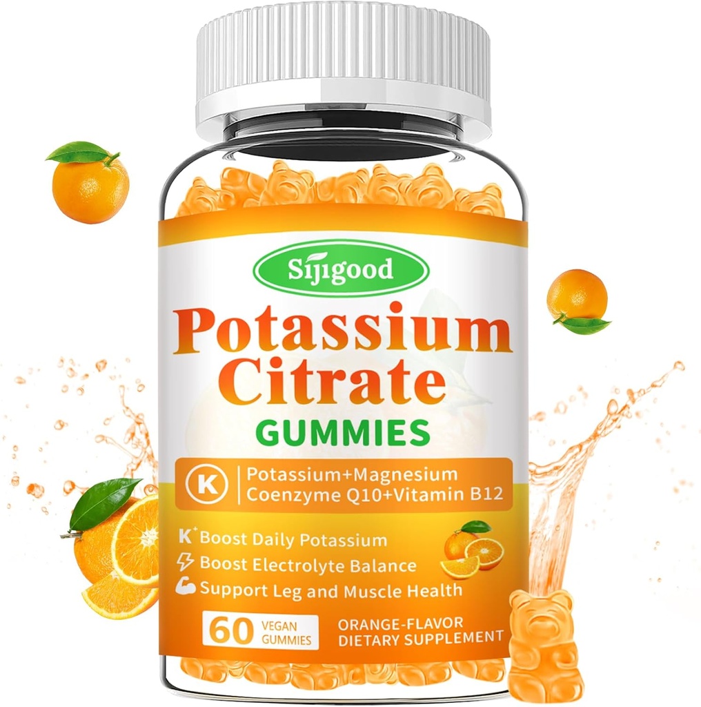 Kalijev citrat Gumiji – Visoka moč Kalijev dodatek za zdravje mišic, pomoč pri krčenju nog, elektrolitsko ravnovesje – Vegan, Ne-GMO, Gluten-free, Orange Flavor, 60 Count