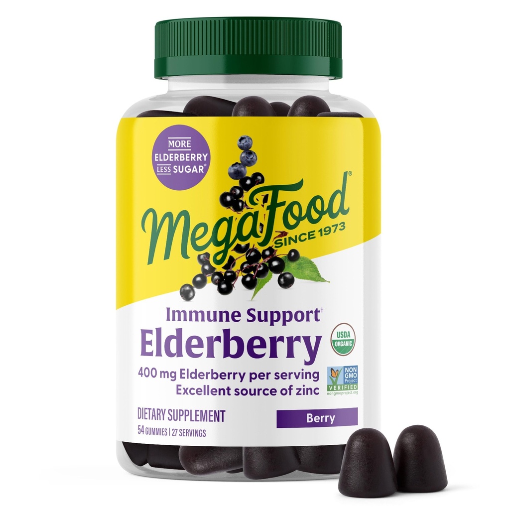 Megafood Elderberry Imune Support Supplement - Vegan Elderberry Gummies za odrasle - narejen iz cinka in prave hrane - pektin-bazen, Gluten-free, USDA Organic - 54 Gummies, 27 Servinges