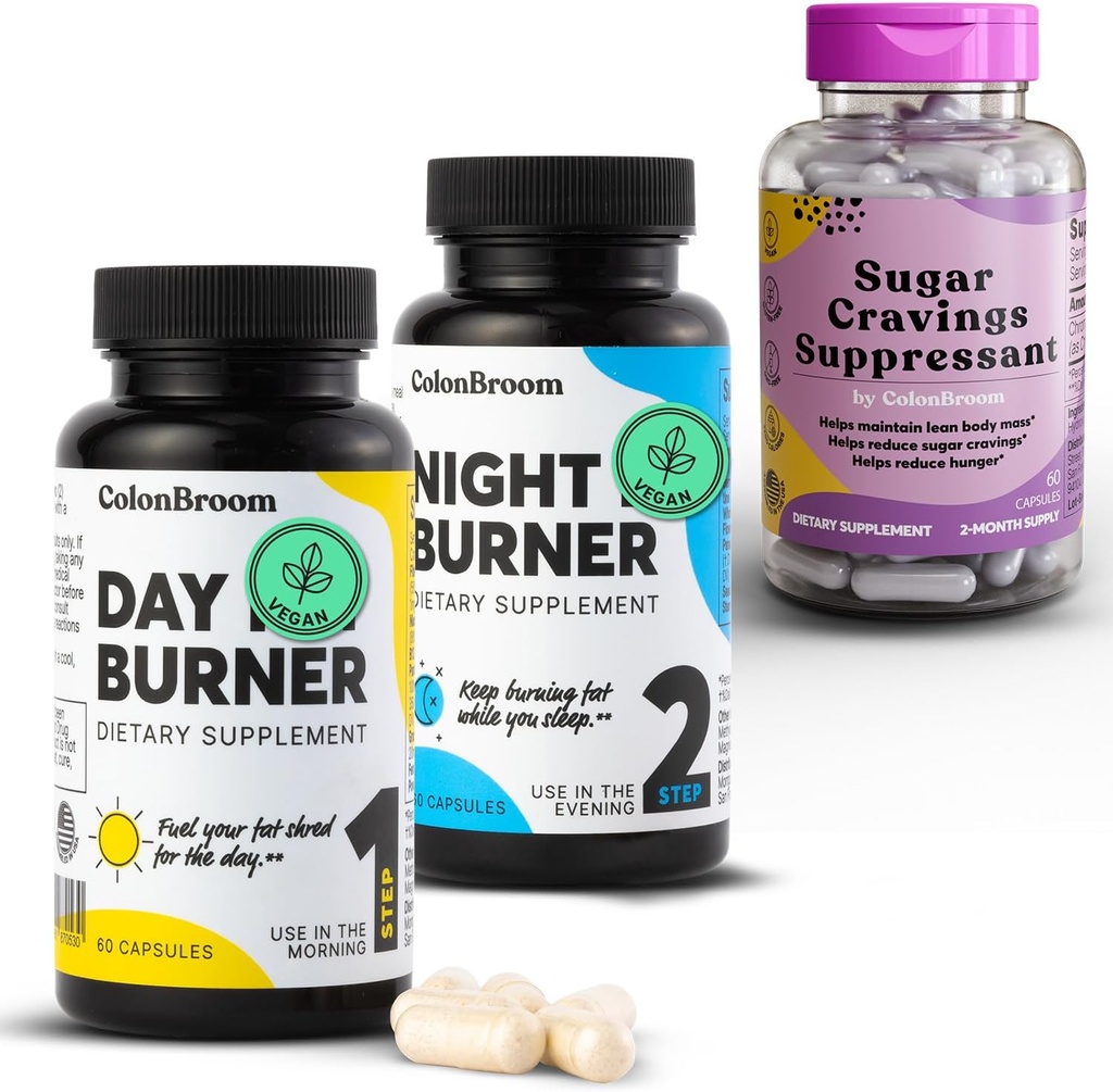 ColonBroom Day & Night Burner dopolnila, tablete za obvladovanje telesne teže (60 strežnice) + sladkor Craving Suppresant - Chromium Picolinate 200mcg (60 obroki), 3 Izdelki