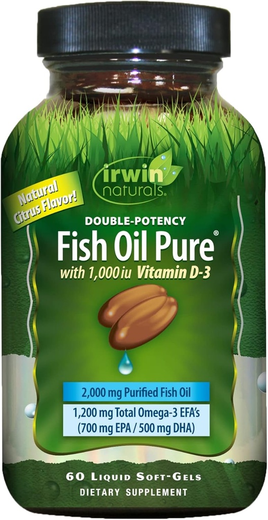 Ribje olje z dvojnim izborom Pure Irwin Naturals, citrusov okus z vitaminom D-3, 60 tekočih mehkih gelov