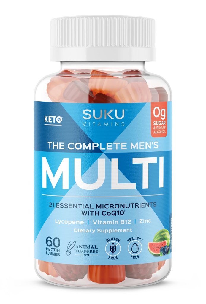 SUKU moški dnevni multivitaminski gumiji – vitamini A, B12, C, D3, E, cink, CoQ10 & likopen – prostata, srce in imunske podpore – sladkor brez, Vegan, mešano sadje Fuzija – 60 Count