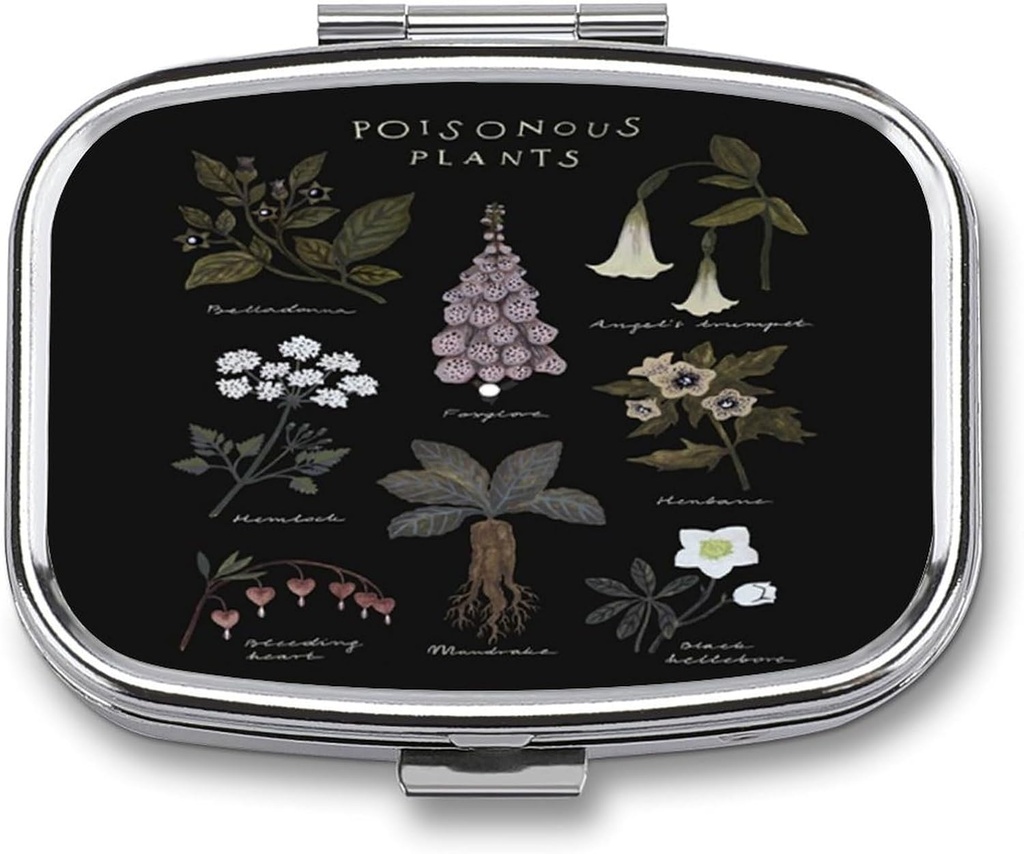 Metal 2 Compartment tablete Organizator potovanja prijazno Portable Compact Pill Box Cute Pill Case Hold Vitamins,Ribje olje,Dodatki,Meds,Tablet za torbico,Pocket. (strupene rastline)