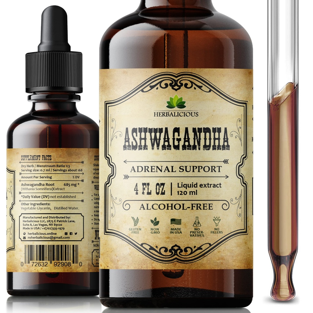 Ashwagandha dodatki – Organic Withania Somnifera Root Extract tekoče kapljice – Naravni stres Relief, Mood Booster, Pomoč v spanju in podpora za pomiritev – Non-GMO, Vegan Formula – 4 fl oz