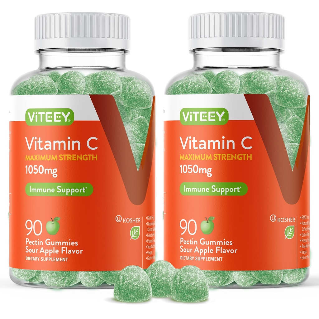 Viteey žvečljivi vitamin C Gumiji za odrasle - 1050mg največja moč imunske podpore - Vegan, Gluten prost - 180 Count