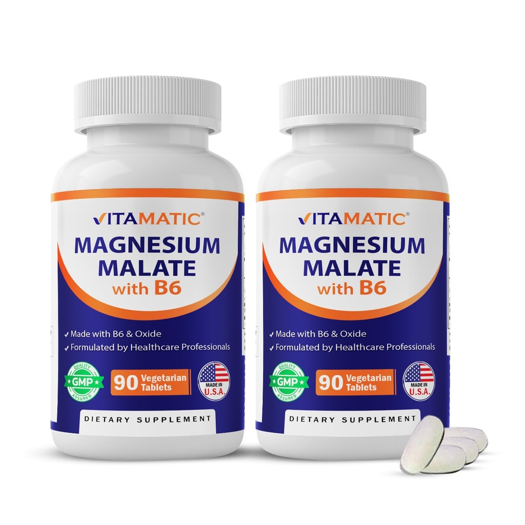 Vitamat Magnezijev malat 2000mg na serviranje - 90 vegetarijanske tablete - dodan B6 za maksimalno absorpcijo - podpira mišice, sklepe in zdravje srca* (2 steklenici, brez arome)