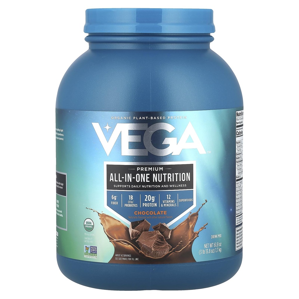 Vega All in One Nutrition Organic - 20g Rastlinske beljakovine, Čokolada, 42 Serving, Vitamini A & C, Probiotiki, Zeleni, Vegan, Keto, Gluten Free, 61.8oz (Packaging May Vary)