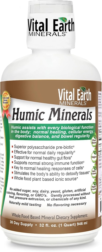 Vital Earth Minerals Humic Minerals – Fulvic Acid Supplement z 70+ Trace Minerals, Elektroliti za regeneracijo in ravnotežje, 32 Oz + 1 Oz pokal