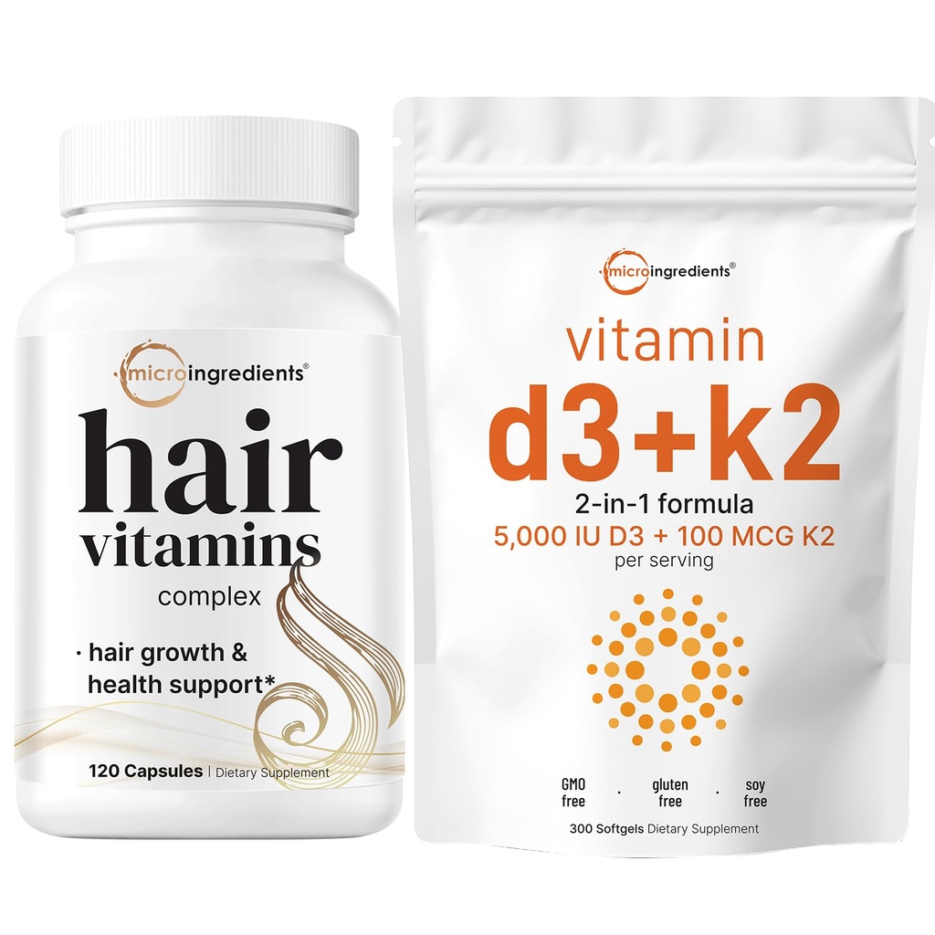Mikro sestavine Vitamin D3 5000iu + K2 100mcg Softgels & Hair Vitamini Kompleks Kapsule Paket 2 Pakiranje 