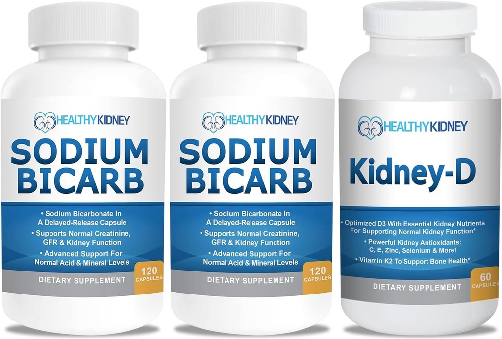 Natrijev bikarbonat 650 mg Kapsule za lajšanje kislosti, Alkalinity 120 Tablete 2-Pack + Ledvice-D Ledvični dodatek. Vitamin D Optimiziran za podporo ledvic.