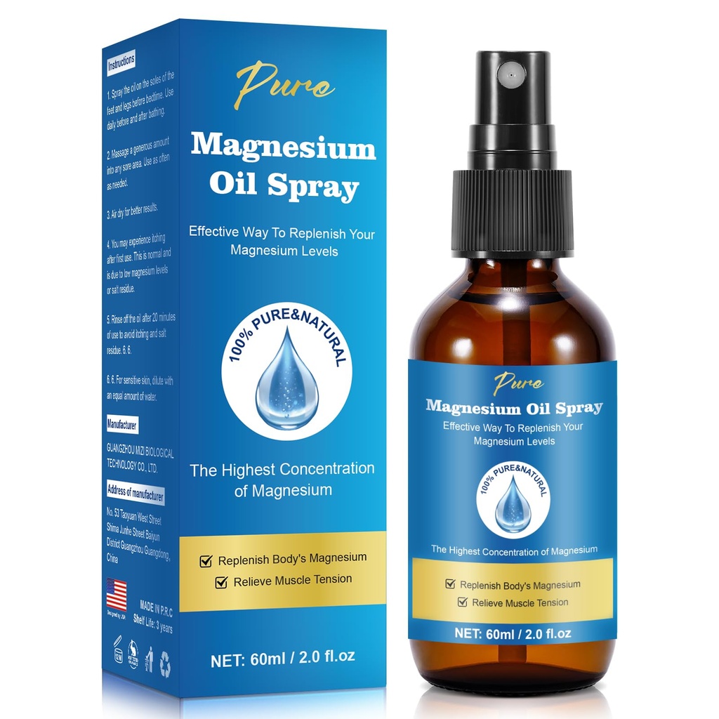 Čisto magnezijevo olje Spray,Magnezij Spray,Magnezij olje za noge, Magnezij steklena steklenica,2 fl oz/60ml, Enostaven za absorpcijo in uporabo
