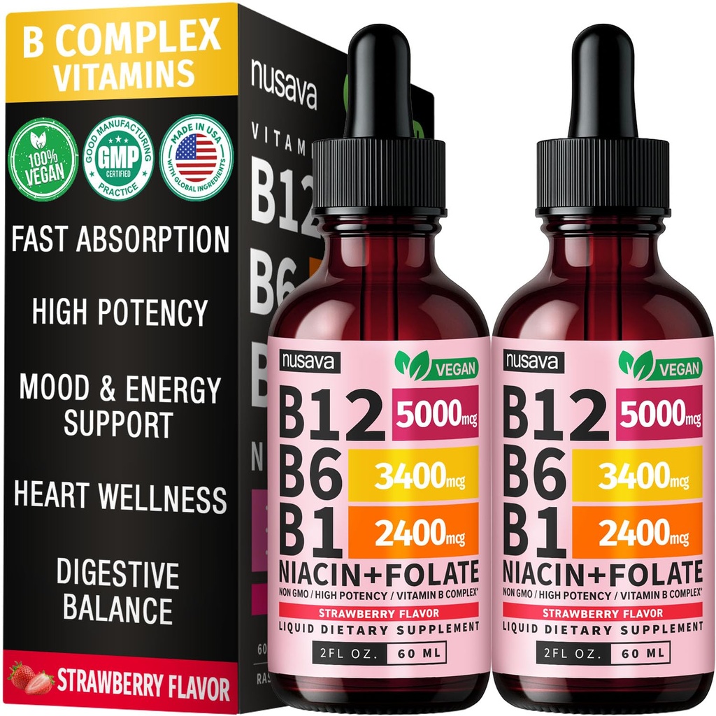 (2 paket) Vitamin B12 in B6 Tekoče kapljice, B12 Podjezično Vitamin B Complex - B 12 Vitamin 5000mcg - B12 Metilkobalamin za energijo, možgane in podporo srcu s 27,200 mcg, Jagoda, 80 Serving