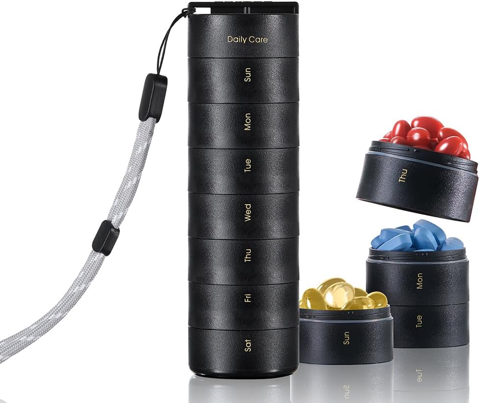 Ankomn Travel Vitamin Organizer – Stackable Daily Organizer z varno Twist Lid, Airteight & Lahka za On-The. Trajni BPA-free Material, Super za tablete, dodatki in vitamini (črna)