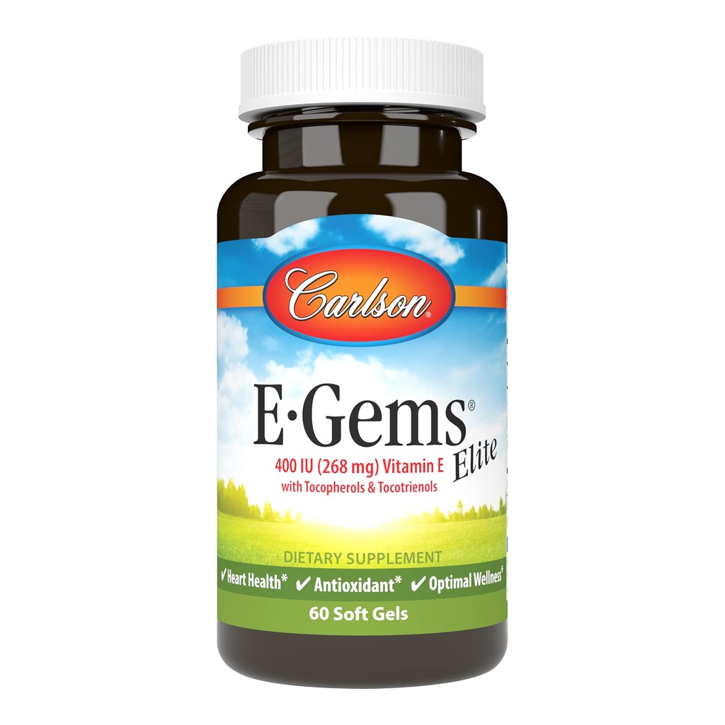 Carlson - E-Gems Elite, 400 i.e. vitamin E s tokoferoli in tokotrienoli, zdravje srca in optimalna Wellness, antioksidant, 60 mehkih gelov