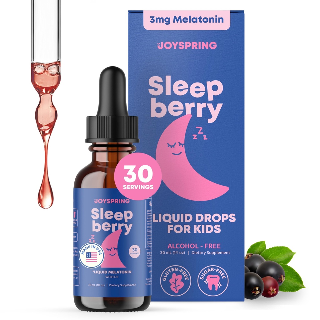 SleepBerry Tekoči melatonin za otroke - naravni pomoč za spanje z bezgovo jagodo in vitaminom D - krepi imunski sistem, medtem ko spijo (1 Fl oz)