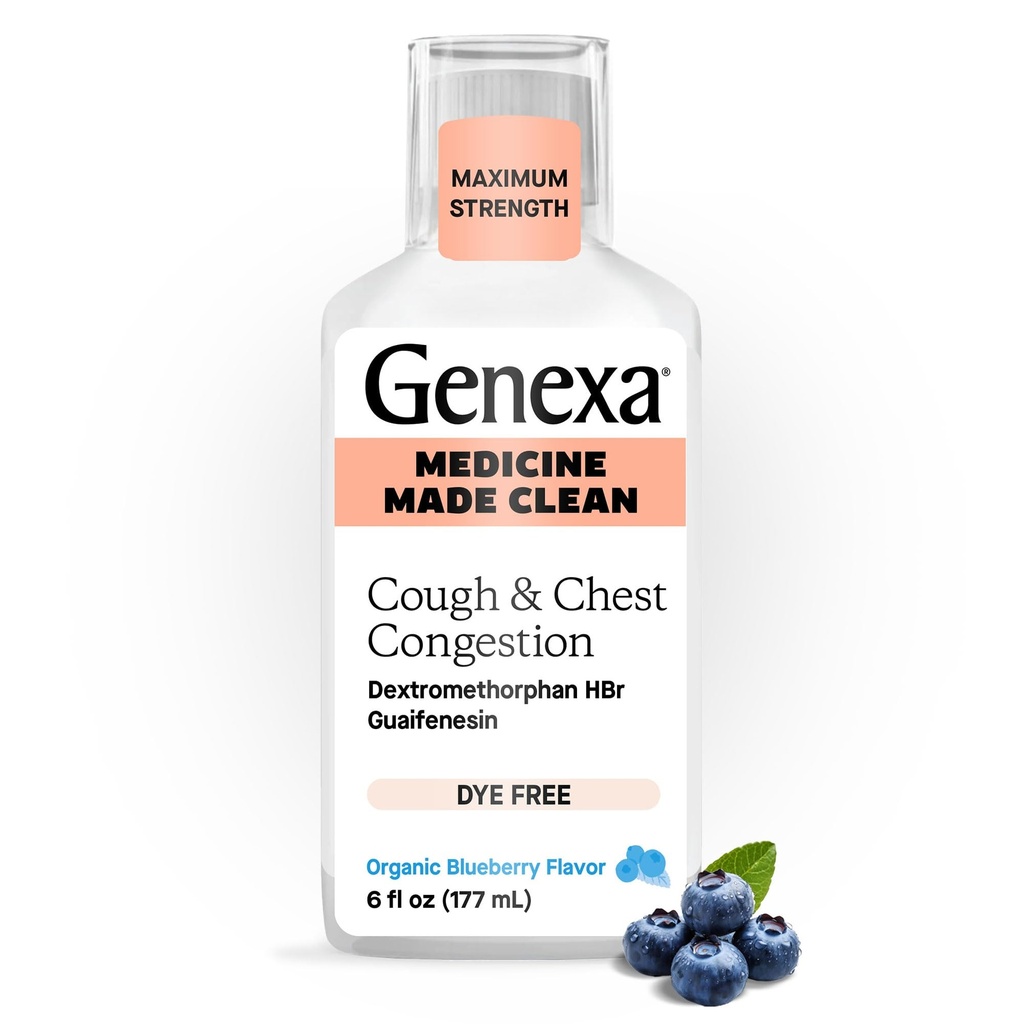 Genexa Clean Cough & Chest Congestion Relief, Barve proste, 0% Umetni dodatki, Multi-Simptom Največja moč Relief Cough Sirup, Kašelj Supresant & Pričakovano, Organic Blueberry Flavor, 6 fl