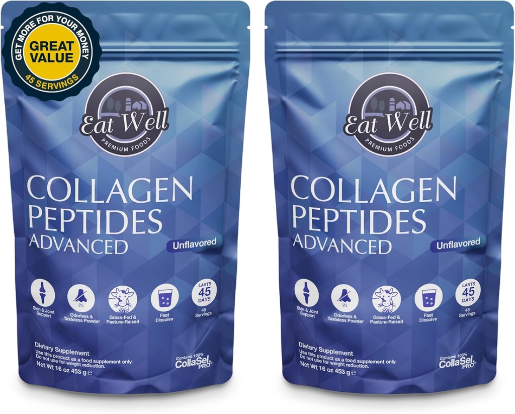 EAT WELL PREMIUM HRANE Kolagen Peptidi v prahu Beljakovine 45 Servisi, 16oz, kolagen za podporo koži, kosteh in sklepih, Grass Fed Collagen tipa I in III (45 servingov (Pack of 2), nearomatizirana)