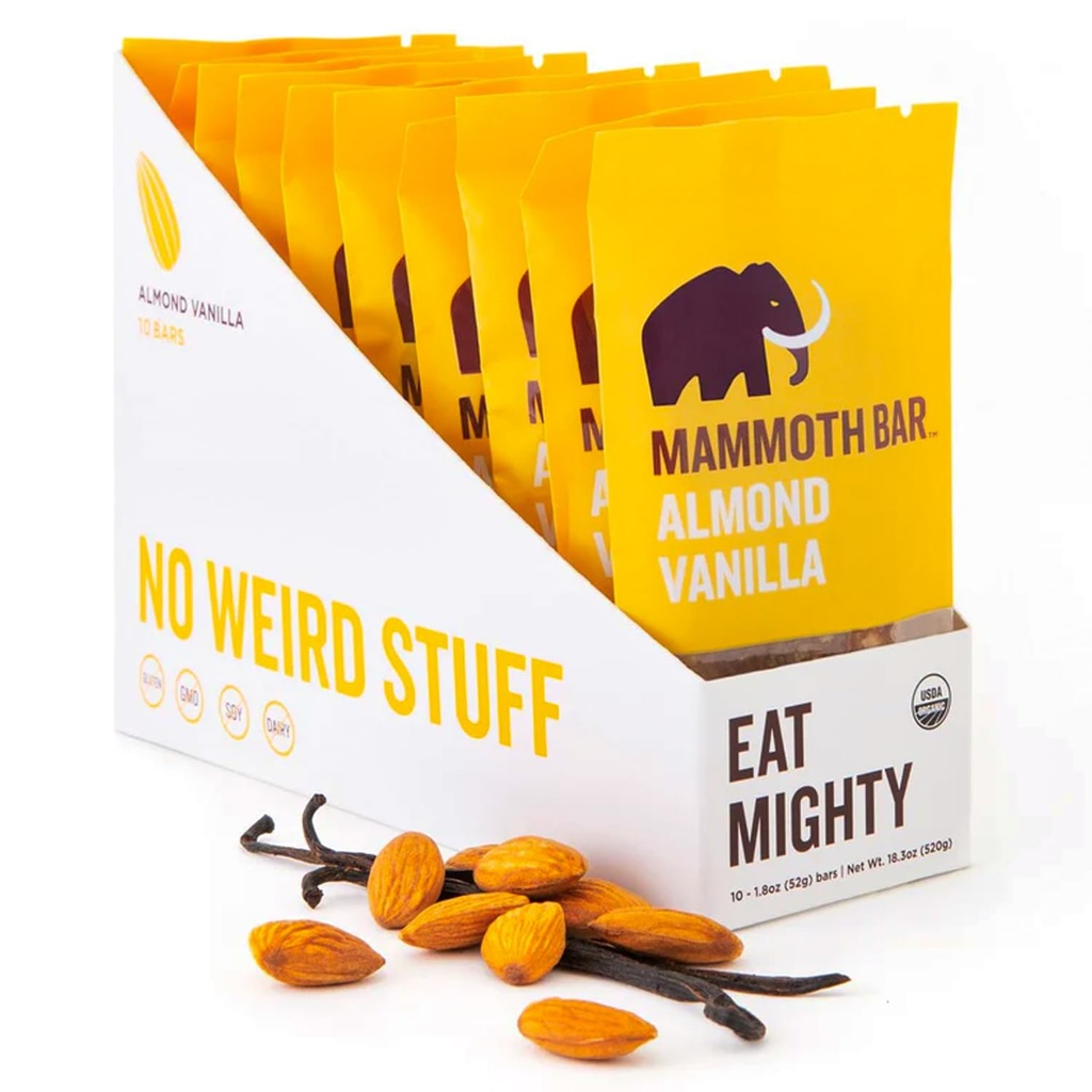 Mammoth Bar Almond Vanilla Bar - 10 Organic Protein Bar – Prebiotik • Paleo • Gluten brez • Jajčni proteini • brez GSO • Surovi • Premium Nuts
