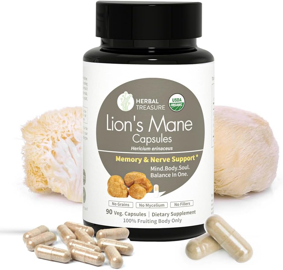 Zeliščni zaklad Lions Mane dopolnilne kapsule, izdelan z organskimi Lions Mane prahu za duševno jasnost in fokus dopolnila, 800mg Lions Mane Powder Organic Organic Goba dopolnilo 90 Caps