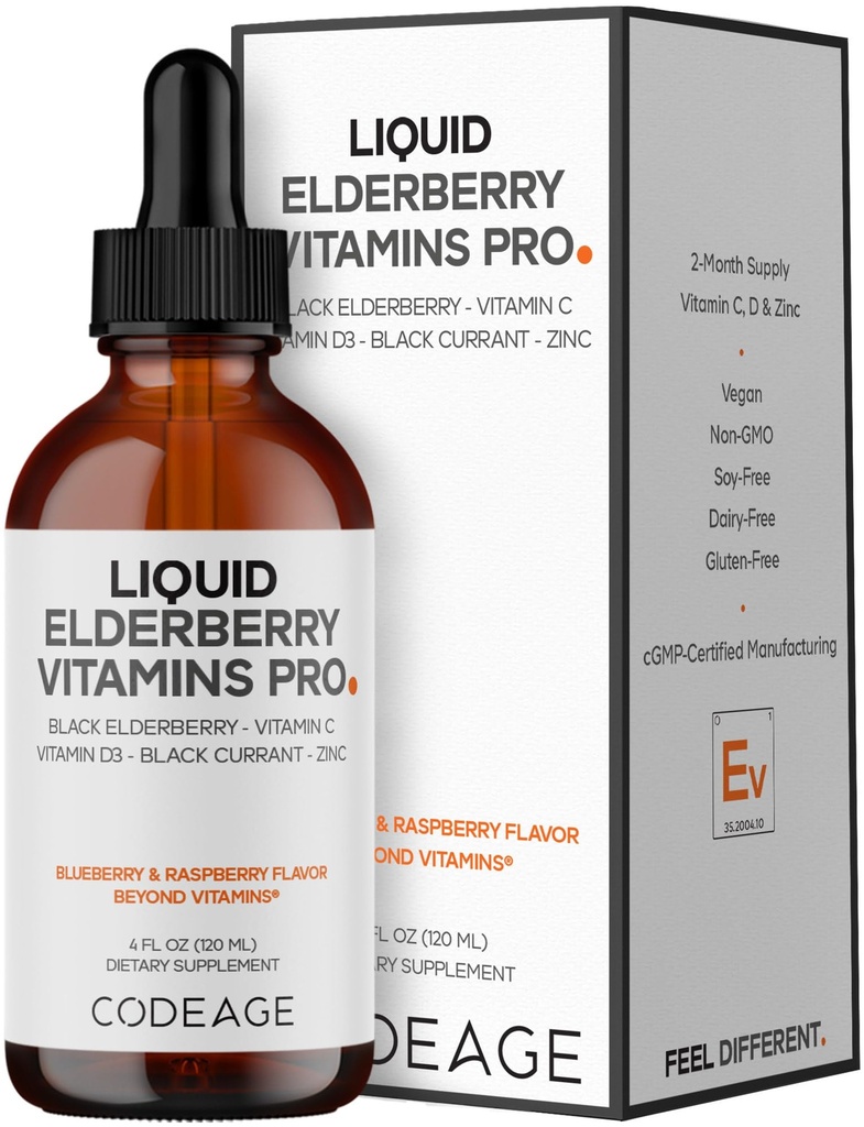 Codeage Elderberry Vitamini Pro - Ekološka Črna Elderberry Tekoče kapljice - Vitamin C, D3, Cink, Črni ribez - 2-mesečni dovod - Črna Sambucus Liquid - Dopolnilo za odrasle in otroke - 4 fl oz