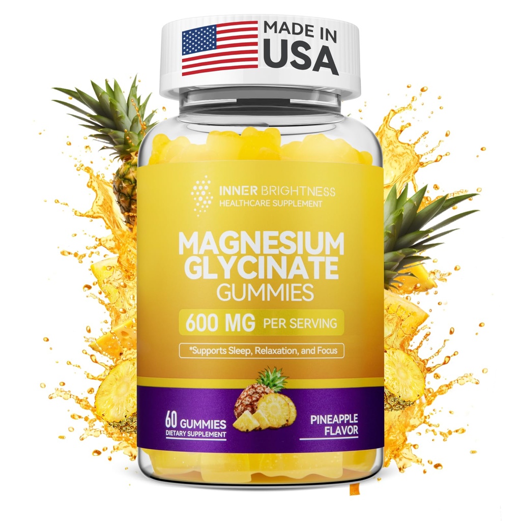 Magnezij Glycinate Gumies 600mg, Ne-GMO, Gluten-free, Magnezij Gumies za odrasle in otroke, spanje, sprostitev in fokus, Ananasov okus, 60 Count