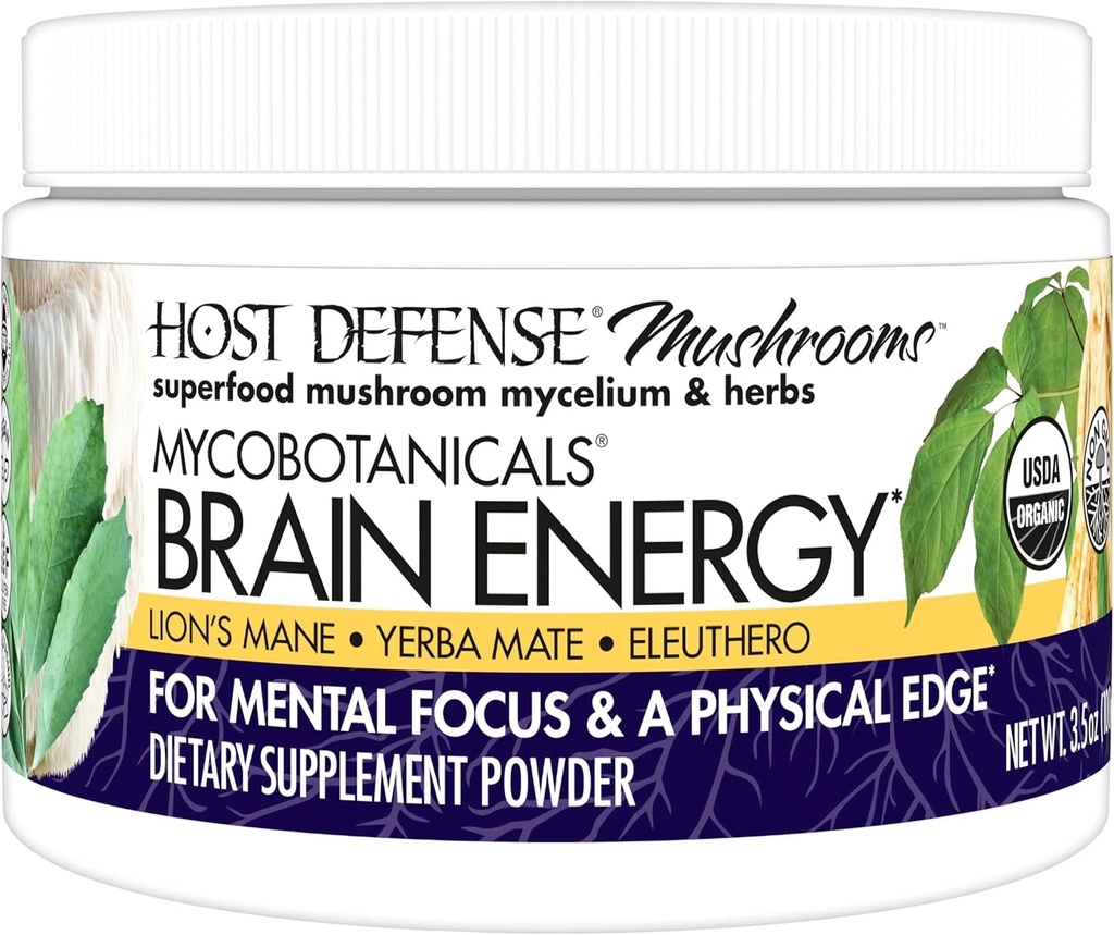 Host Defense MycoBotanicals Možganska energija* Powder - Brain & Focus podpora dodatek z levjo grivo - Prehranski dodatek z Yerba Mate za energetsko podporo - 3.5 oz (33 Služabniki)*