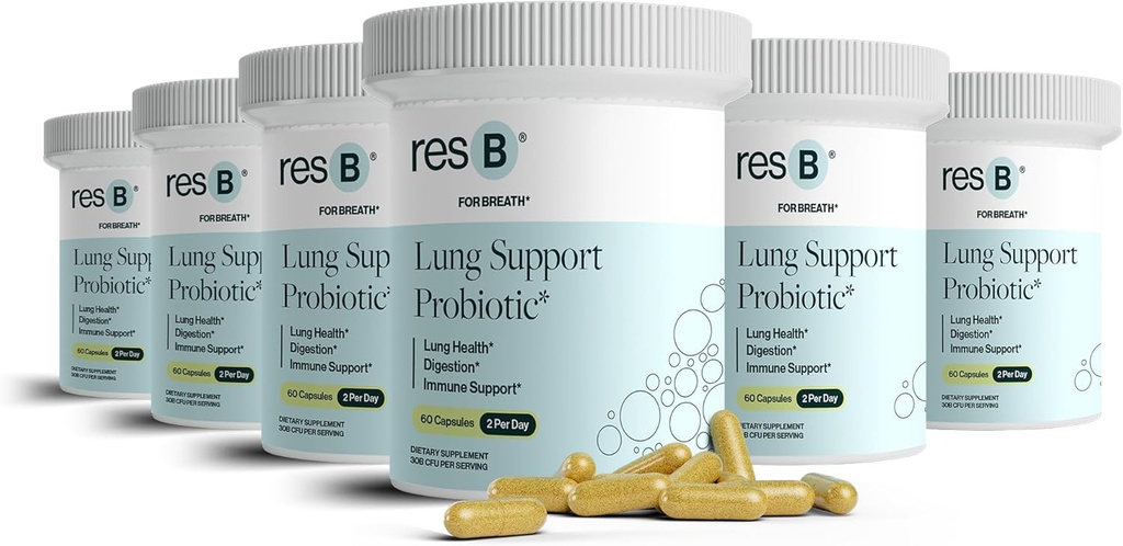 Resbiotic resB Lung Support Probiotic Supplement - Lung Health Supplement za kadilce, Gut Health, Imunska podpora, Oskrba dihal, Sveti Bazilij, Kurkurja, Klinično preizkušen - 360 Kapsule (6 steklenice)