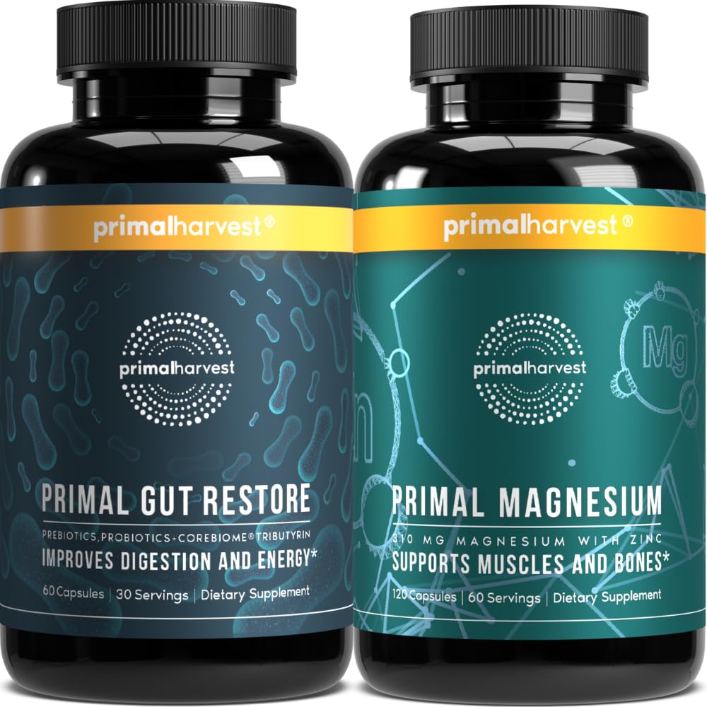 Primal žetev Primal Gut Restore in Primal Magnezij dodatek 2 pakiranje paket (180 kapsul)
