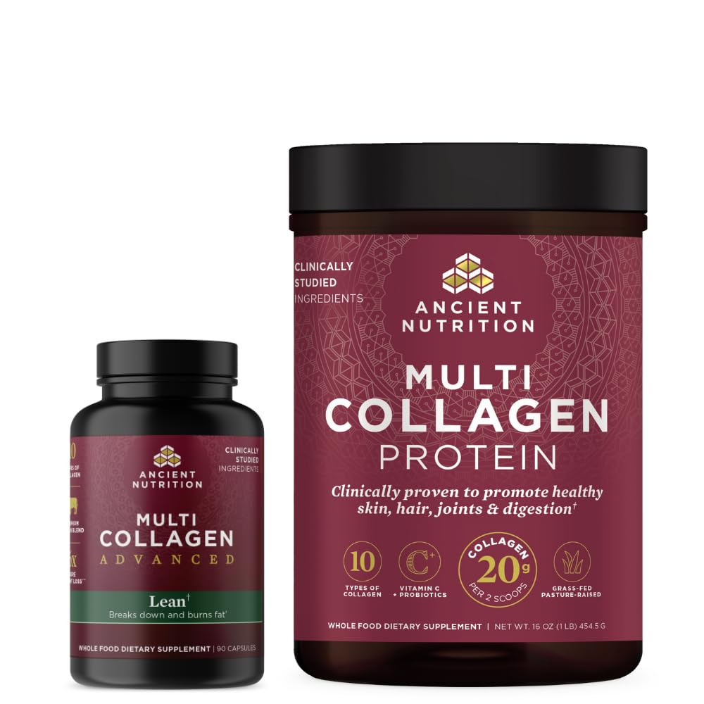 Ancient Nutrition Multi Colagen Advanced Kapsule, Lean, 90 Count + Multi Colagen Protein Powder, nearomated, 45 Serving