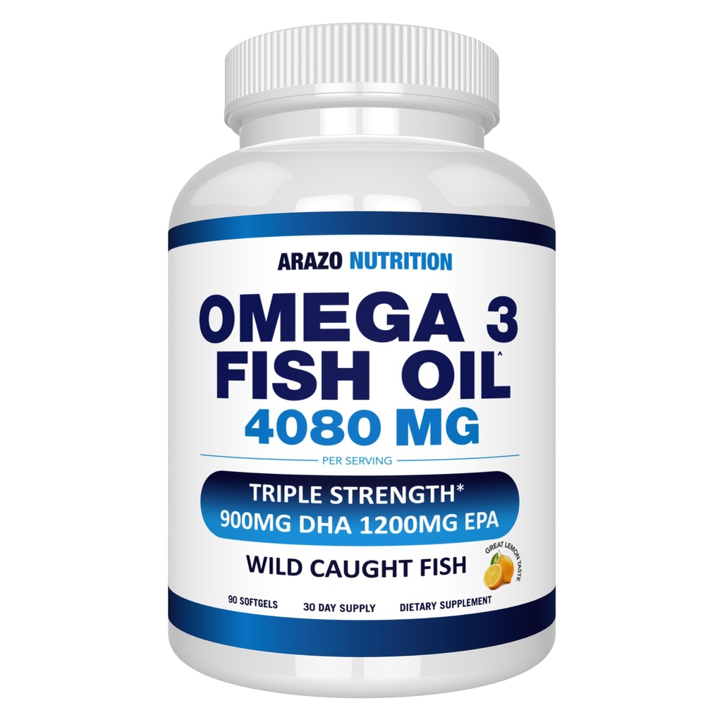 Arazo Nutrition Wild Caught Omega 3 ribje olje – 90 Soft Gels – 4,080mg High EPA 1200mg DHA 900mg Lemon Flavor Burpless Softgels