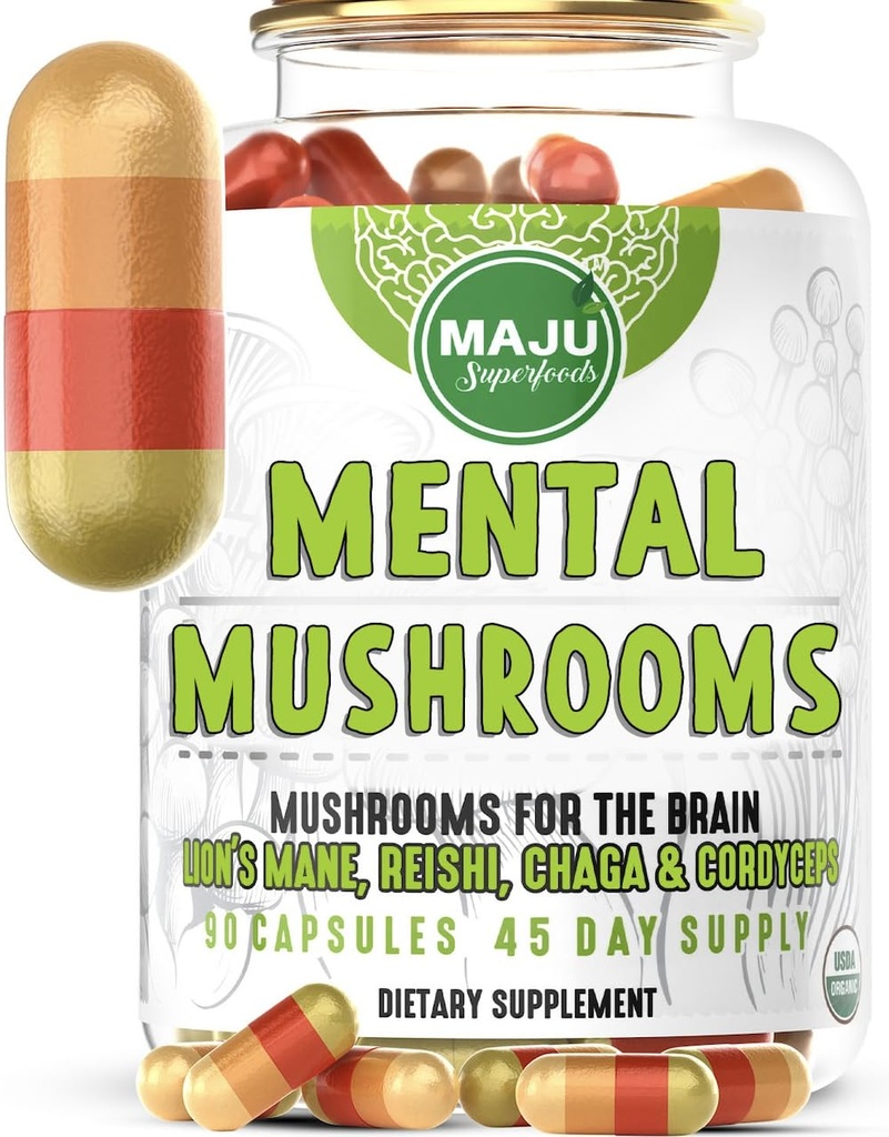 MENTALNE Kapsule gob, Ekološki ekstrakt dodatek w/ Levje grive, Cordyceps, Reishi in Chaga, povečanje vaše fokus, energija, Wellness in imunski sistem - Nootropne gobe, Imunska podpora 90ct