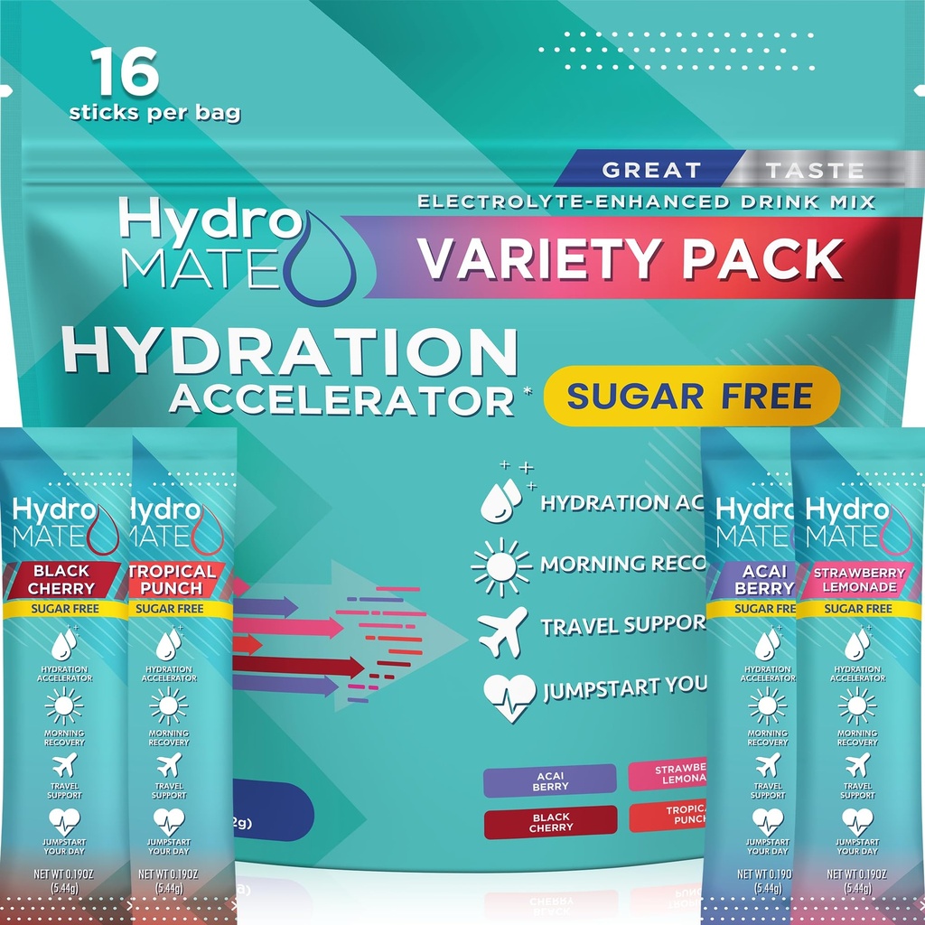 Elektrolit v prahu Hidracija brez sladkorja Pakiranje varietete Pack HydroMATE 16 palice