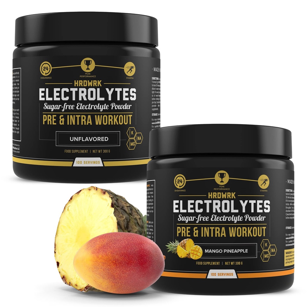 HRDWRK - 100 Servisi Keto Elektroliti powder Hydration Sugar Free - Elektrolitni prašek za povečanje vzdržljivosti in zmanjšanje utrujenosti z elektroliti dodatek - Unflavored & Mango Ananapple Set