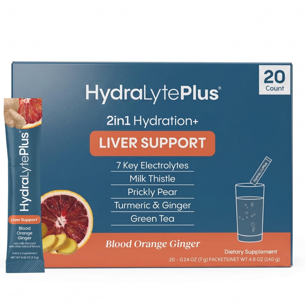 Hydralyte Jetra Podpora + Elektrolit Zmešamo z mlekom Thistle, Kurkuma, Ginger, Prickly Pear, Green Tea Extract oblikovan za hitro rehidracijo (Krvava pomaranča Ginger, 20 Packets)