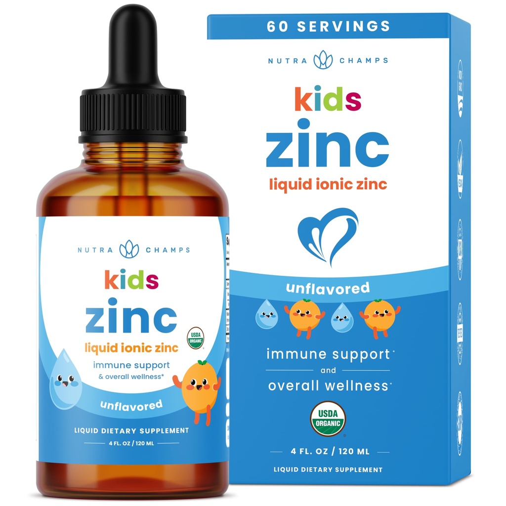NutraChamps Tekoče cinkove kapljice za otroke, Jonske cinkove kapljice Okrepljene z vitaminom C za otroke, Sugar-free 4 oz, Vegan & Non-GMO, Tangerine, 60 Serving, 2 mesec dobave