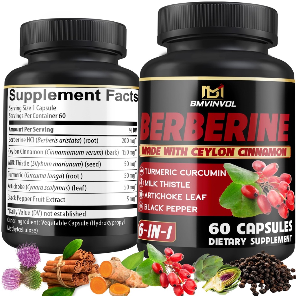 Berberine dopolnilo s Ceylon Cimet, Kurkuma, Artičoke, Mlečna osa - Berberine HCl dopolnilne tablete - 60 Kapsula [2-mesečna zaloga]
