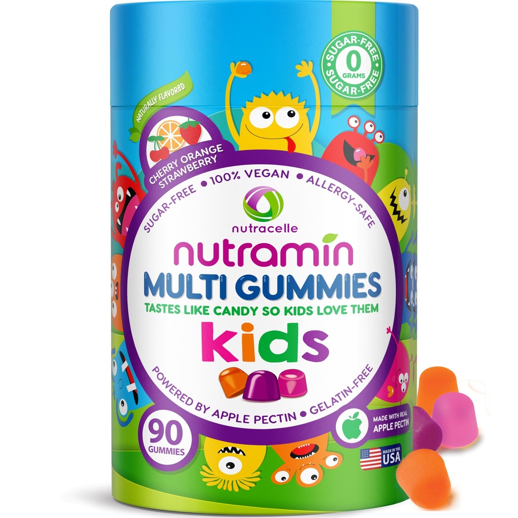 Nutracelle NUTRAMIN Sugar-free, Alergen-free 100% Vegan Gummy Multivitamini za otroke - Odlično degustacija naravnih žvečilnih gumijev Vaši otroci bodo ljubili - 90 Count steklenica