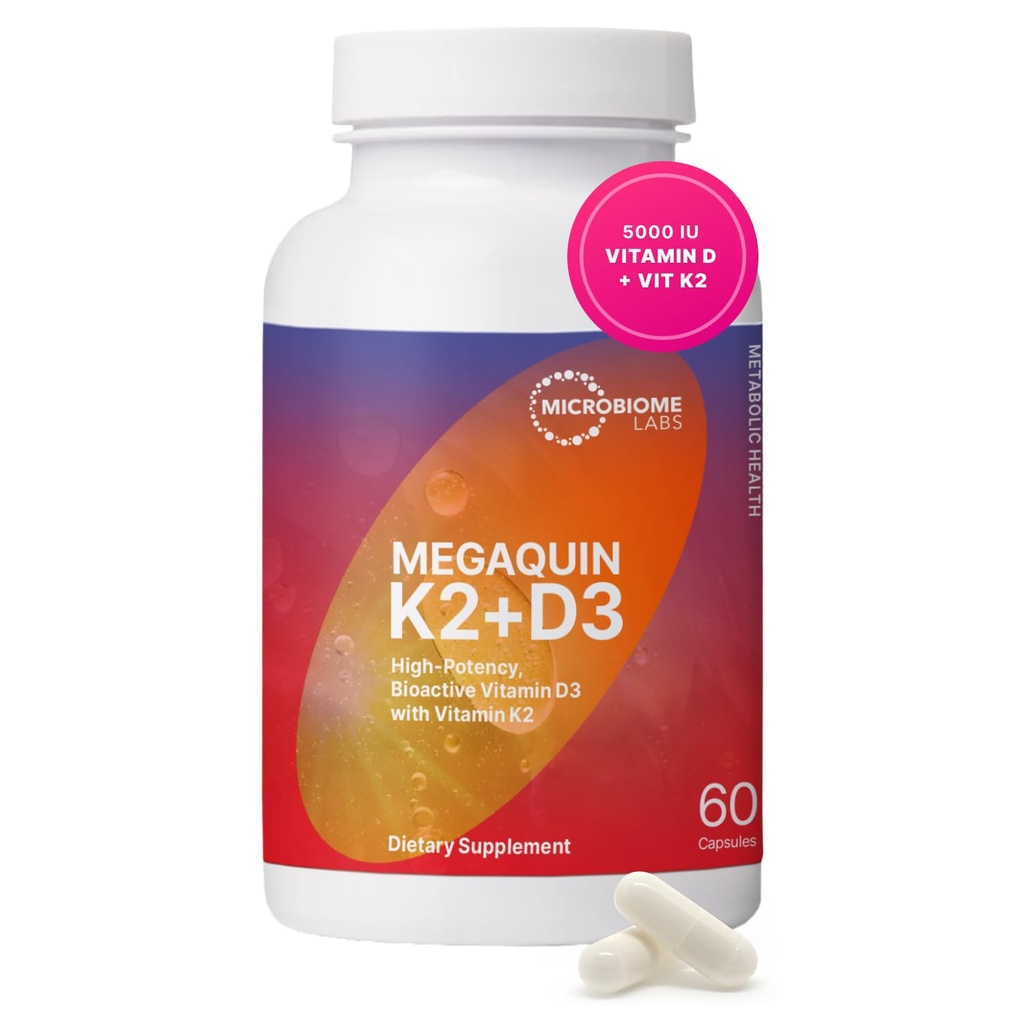 Microbiome Labs MegaQuin D3 + K2 - Visoka jakost Vitamin D3 K2 dodatek - Bioactive & Biorazpoložljiv - Vitamin D3 5000 iu & MK-7 - Podpora kosti, srca, živcev in imunskega zdravja (60 kapsul)